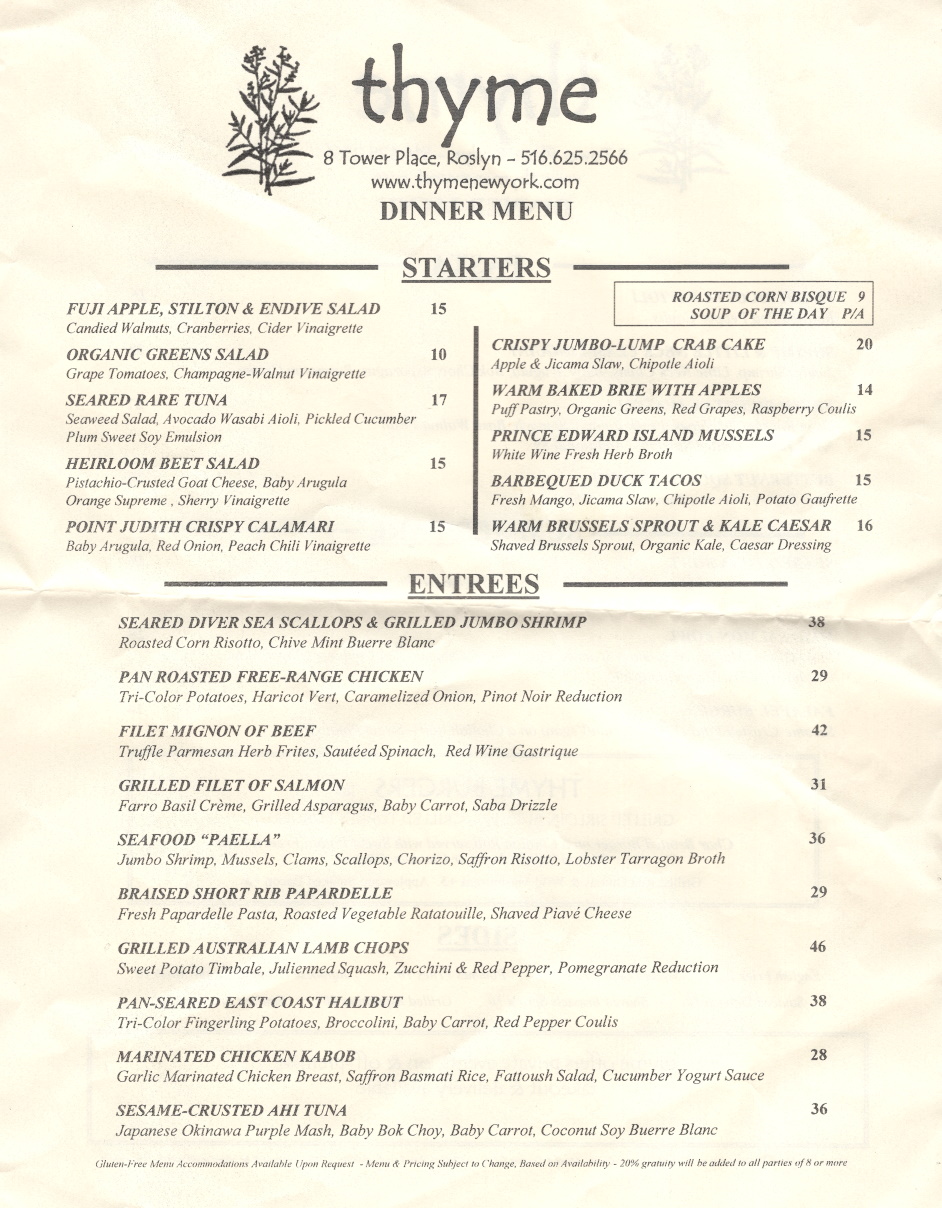 Whereisthemenu Thyme Roslyn NY 11576